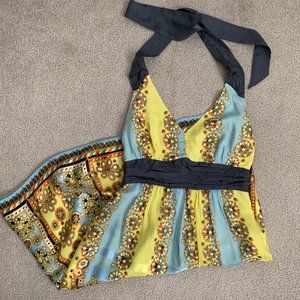 Anthropologie Moulinette Soeurs Blue Yellow Silk Halter Flow Dress